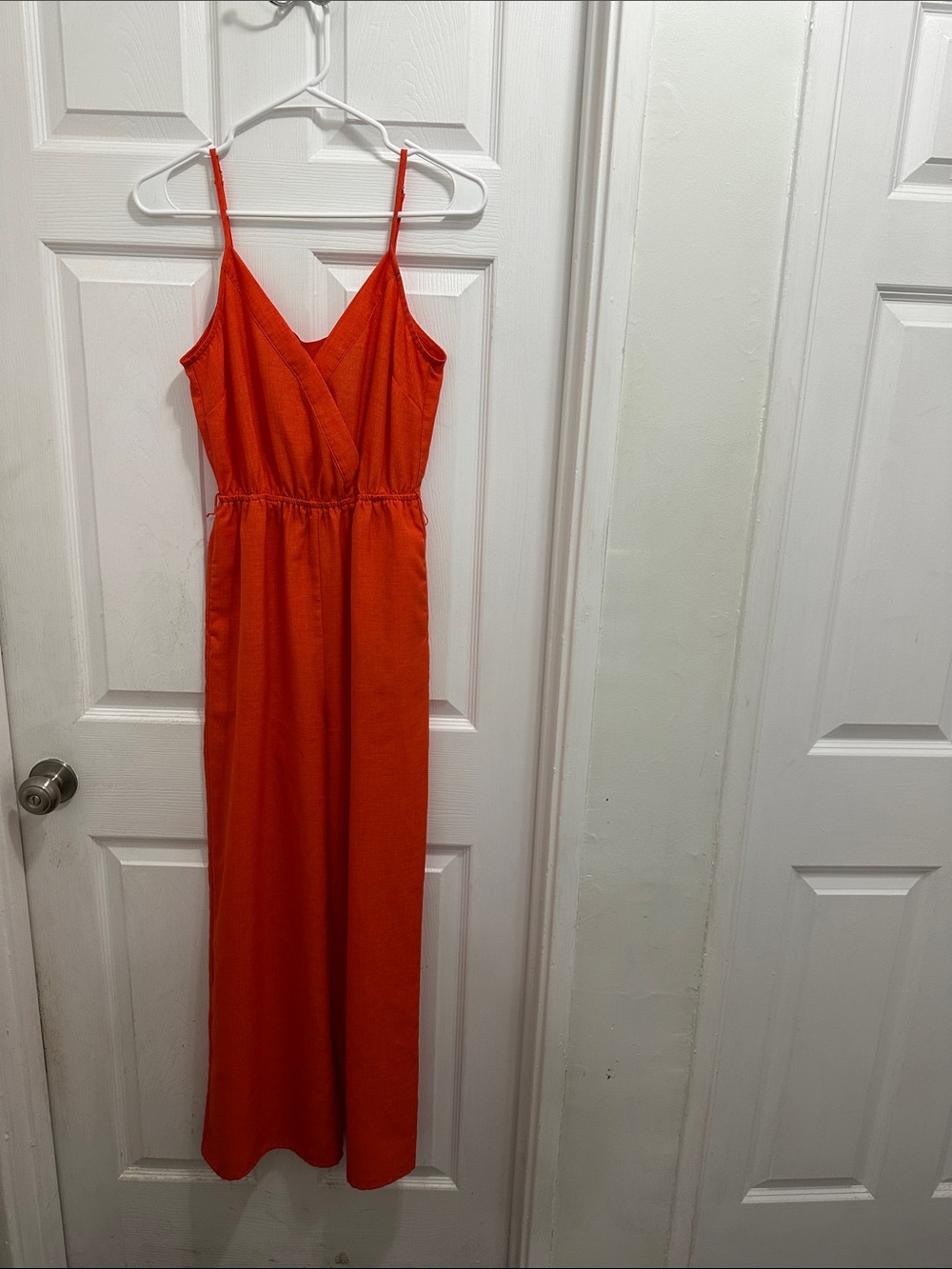 Flying Tomato Bright Orange Spaghetti Strap Wide Leg Jumpsuit